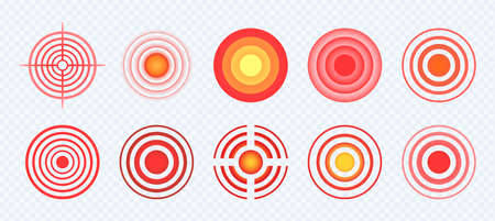 Set of red medical pain circles on transparent background. Localization and spread of pain. Symbol of body damage. Pain sign for medications, target for painkillers. EPS 10のイラスト素材