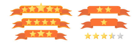 Vector 5 star rating set with yellow golden stars decorated with red ribbon. Isolated flat illustrations for reviews, feedbacks on white background. Template for products and services.のイラスト素材