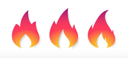 Set of gradient Fire icons of different shapes. Flame of fire in dynamics. Bright eye-catching symbol. App UI symbol, design element. Social media concept for advertising. Vectorのイラスト素材