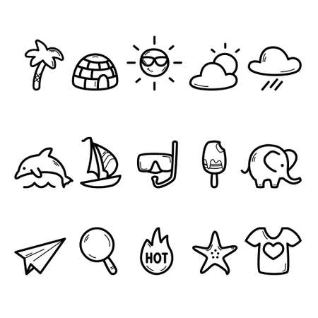 Black and white travel agency icon set for web design with stylized search, favorites and like icons. Isolated vector line symbols of summer vacation on white background.のイラスト素材