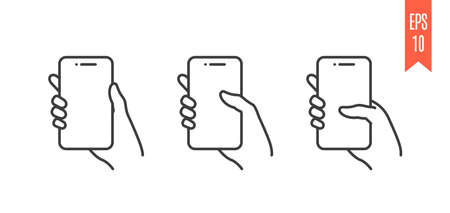 Symbols of mobile phone with hand on white background. Swipe down symbols for a mobile phone. Set of isolated icons with swipe on the touchscreen. Vector design elements, EPS10のイラスト素材