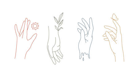 A set of four line art hands with natural elements. Elegant minimalistic feminine illustrations on white background. Concept of connection with nature for your social media, prints, spa salons and webのイラスト素材