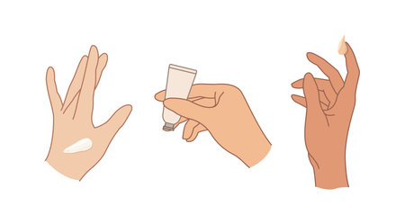 Women's hands with applied cream, a set of elegant vector illustrations of care cosmetics. A woman holding a hand cream. Realistic line art gestures on white background.のイラスト素材