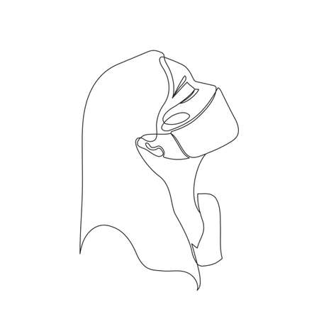 A beautiful long-haired lady with a safety breathing mask. Elegant fashion illustration on a white background. Black continuous line, editable stroke. EPS10のイラスト素材