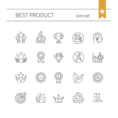 A set of line icons for Quality products. Outline symbol collection. Medal, cup, award, leader, eco, no additives, no chemicals illustrations. Vector icons on white background - EPS10のイラスト素材