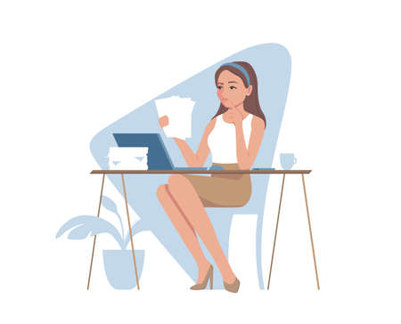 Young businesswoman doing paperwork at the table with a laptop. A thoughtful young woman reading documents in a light office or at home. Concept of studying, checking, analyzing documents. Flat vectorのイラスト素材