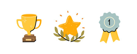 Modern collection of champion symbols: cup, star with laurel and medal. Colorful collection of cartoon illustrations on white background. Isolated vector icon set - EPS10のイラスト素材