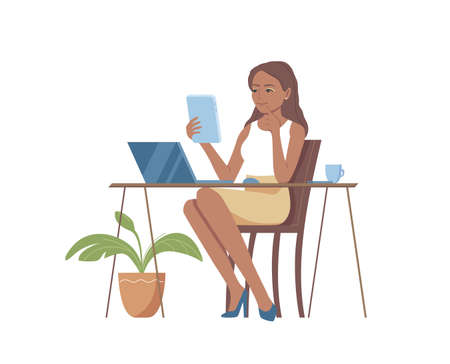 Beautiful african american woman sitting at a table with a laptop and a tablet. Clean workplace with gadgets for work. Confident businesswoman concept. Isolated flat vector illustration.のイラスト素材