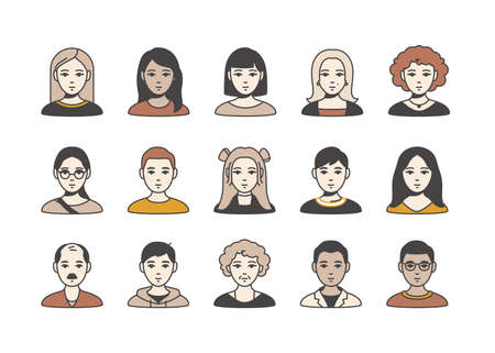Set of various Men and Women icons. Collection of isolated people avatars on white background. Filled line illustrations. Modern images. Friendly vector faces.のイラスト素材