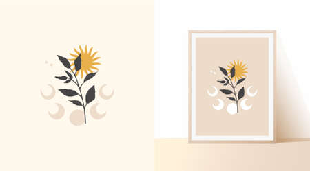 Abstract bohemian composition in light pastel colors. Mystical branch, sun and phases of the lunar cycle. Esoteric flat vector illustration.のイラスト素材