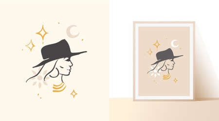 Abstract bohemian composition in light pastel colors with attractive woman and mystical elements.  Minimalistic illustration in a bohemian style. Modern vector boho concept perfect for print and web.のイラスト素材