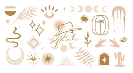 Trendy aesthetic illustrations in boho style. Set of isolated vector natural design elements perfect for prints, social media, interior decor. Hand-drawn bohemian symbols in warm pastel colors.のイラスト素材