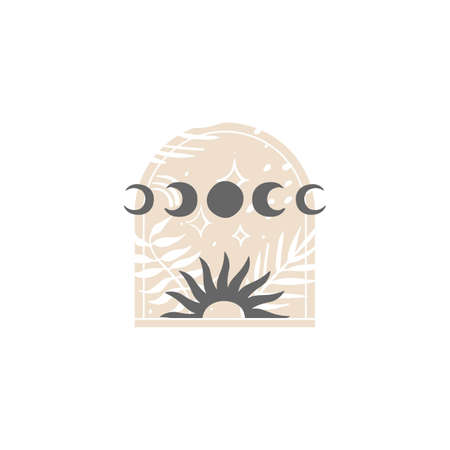 Abstract contemporary illustration with tropical elements, leaves, stars, lunar phases and sunset. Arch-shaped isolated vector design element on a white background. Esoteric mystical symbol.のイラスト素材