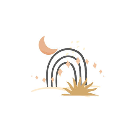 Abstract bohemian illustration with Moon, Sun, Stars and rainbow on a white background. Isolated vector design element in minimal boho style.のイラスト素材