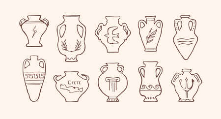 Hand-drawn ancient greek vases set. Set of ceramic vases of different shapes. Collection of outline silhouettes. Isolated vector amphorae and jugs on a color background.のイラスト素材