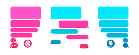 Pink and blue text messages. Chatting girl with a guy. Flat phone text bubbles on white background....