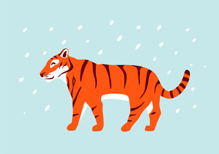 Happy cozy winter tiger art. Flat vector illustration on color background. New year greeting card concept.のイラスト素材