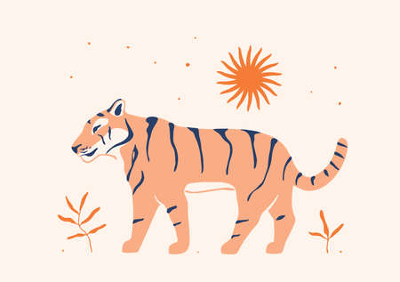 Modern art print with tiger, abstract sun and plants. Pastel colors illustration in trendy boho style. Isolated flat elements, vector.のイラスト素材