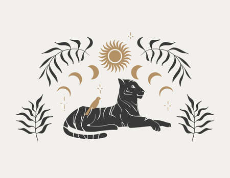 Modern art with tiger, abstract sun, moon and plants. Vector mystical illustration in trendy contemporary style. Celestial concept. Flat clipart image.のイラスト素材