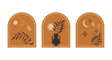 Abstract composition with natural elements on an orange background. Silhouettes of branches, vase, sun, moon. Terracota design elements in celestial boho style.のイラスト素材