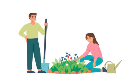 Flat illustration of two people caring for a fenced flower bed, city park or garden. Happy boy and girl doing gardening. Joint watering and weeding of flowers. Isolated vector illustration.のイラスト素材