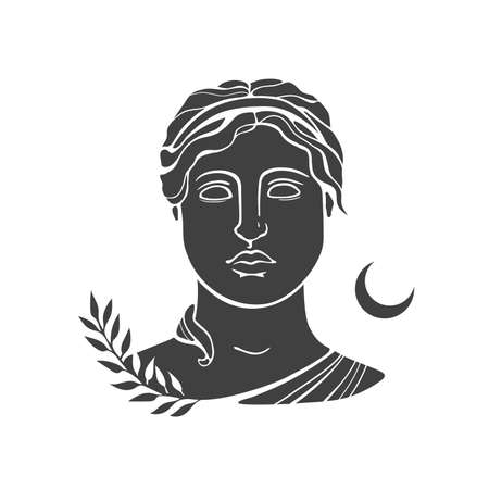 Ancient sculpture of a woman with olive branch and moon. Mystical Greek woman silhouette. Flat hand-drawn beauty illustration. Black isolated vector image on white background.のイラスト素材