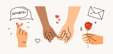 Trendy flat images of male and female hands for Valentine's day. Declaration of love sign. Romantic illustrations. Set of isolated vector design elements.のイラスト素材