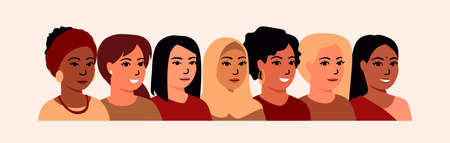 Multicultural diversity women of various races and nationalities. Women of different ethnicity. Design elements for International Women's Day, 8th of March. Vector illustrations in flat style.のイラスト素材