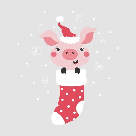 Card with cute pig on grey background.のイラスト素材