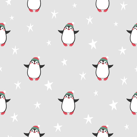 Seamless pattern with funny penguins with stars.のイラスト素材