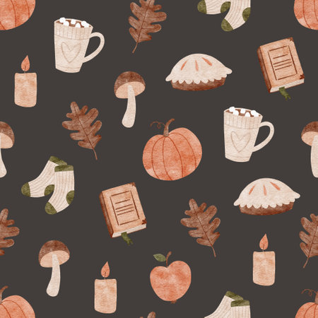 Autumn watercolor pattern with pie, socks, mushroom, candle, book, mug with cocoa, pumpkin and leaves.の写真素材