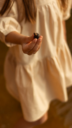 A girl or a child or a person found a snail, a mollusk or a snail shell in the sea or a river, holds...