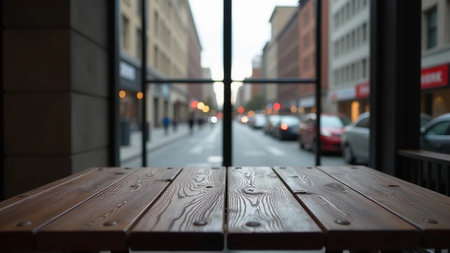 Wooden empty table in cafe or coffee shop or restaurant opposite large window overlooking city narrow street, roadway, cars and buildings. Cityscapeの素材