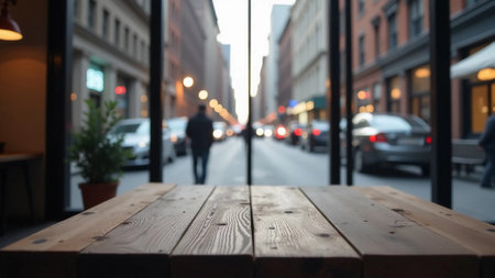 Wooden empty table in cafe or coffee shop or restaurant. In the background is a large window with a view of the city street, roadway, cars and buildings. Cityscapeの素材