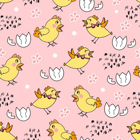 Seamless pattern with yellow chick's, flowers.Happy Easter template. Pastel child print on fabric,textile,wallpaper. Vector cartoon illustration.Girly pink spring Easter holiday background.Shell eggs.のイラスト素材