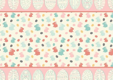 Cute horizontal easter background with copy space. Place for text. Scrapbooking design. Vector simple cartoon illustration. Holiday banner,invitation. Kids print with silhouettes bunny. Birthday card.のイラスト素材