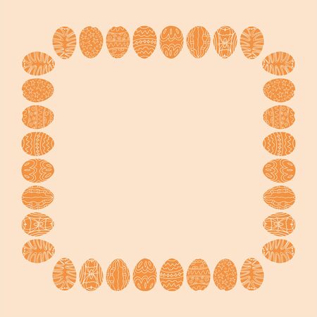 Easter square frame with eggs. Pastel holidays background. Vector doodle outline illustration. Copy space. Place for text. Design scrapbooking,invitation,banner, poster,postcard.のイラスト素材