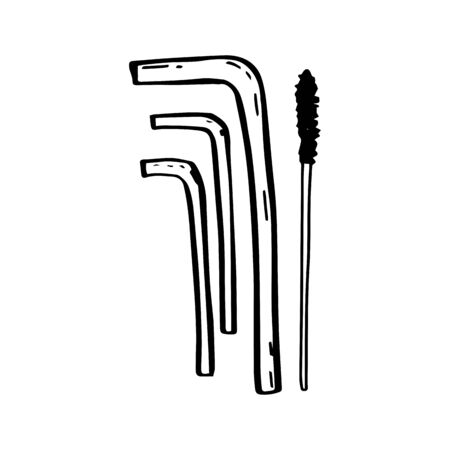Ecological reusable tubules for drinking isolated on white background. Zero waste. Metal tube for drinking and brush for cleaning. Vector hand drawn outline illustration. Zero waste. Refuse plastic.のイラスト素材