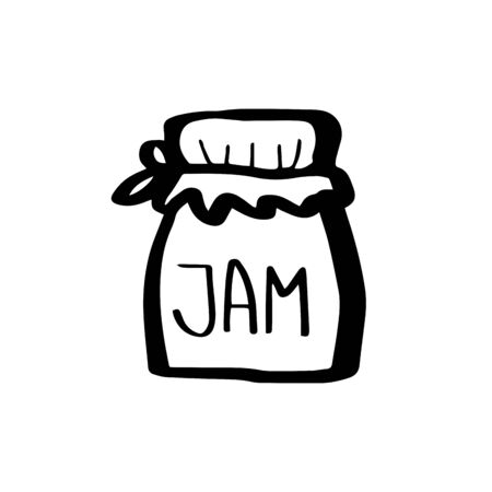 Glass jar for jam and honey without a plastic lid tied with a rag. Ecology concept in doodle style isolated on white background. Zero waste. Refuse plastic. Vector outline illustration. Save planet.のイラスト素材