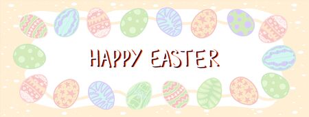 Happy easter social media, stories frame with paschal eggs. Copy space. Place for text. Vector pastel horizontal holidays background. Scrapbooking frame. Invitation, banner, card, poster, flyerのイラスト素材