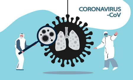 Doctor in a protective suit and mask shows coronavirus CoV in lungs. Health and medicine concept. Flat vector stock illustration. Human sickness.Colds and inflammation. Pneumonia Stop.のイラスト素材