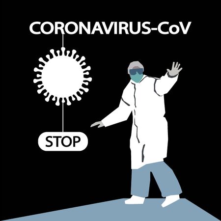 Coronavirus CoV in lungs isolated. Symptoms. Health and medicine. Flat vector stock illustration.Website horizontal banner.Human sickness.Colds and inflammation.Pneumonia Stop.Cartoon.のイラスト素材