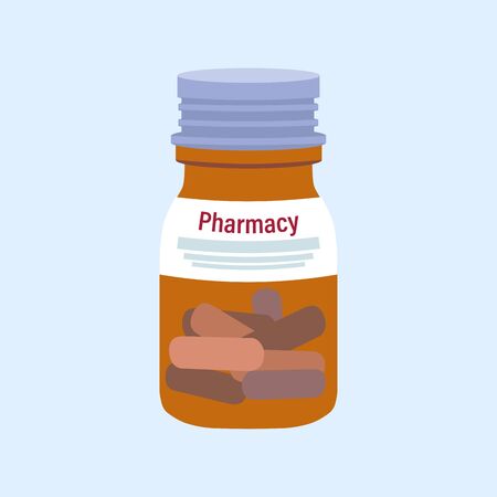 Glass jar with capsules,tablets nin flat style isolated on blue background.Storage tank.Vector illustration.Sign silhouette.のイラスト素材
