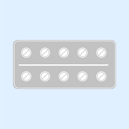 A plate of round pills in flat style isolated on blue background. Drug packaging. Vector sign stock illustration. Traditional medicine. Natural preparations. Birth control pills, antibiotics,vitamins.のイラスト素材