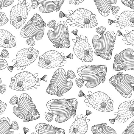 Seamless pattern with decorative fish in doodle style isolated on white background. Vector coral reef fish outline illustration.のイラスト素材