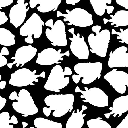 Seamless pattern with white fish in doodle style isolated on black background. Vector coral reef fish outline illustration. Easy to use for backdrop, textile,wrapping paper, wrapping paper, print.のイラスト素材