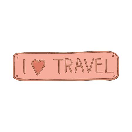 Nameplate I love to travel in cartoon style isolated on white background. Lettering one line. Sign icon.Vector simple illustration. Usable as icon or symbol. Hand drawn black sketch. Summer vacation.のイラスト素材