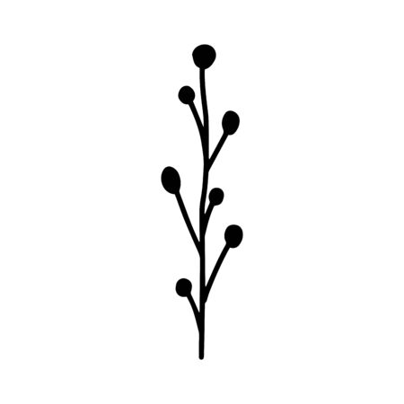 Sign hand drawn herbal Twig leaves. Floral sprig. Spring flower, buttons, blade, bush isolated on white background. Doodle outline vector illustration for wedding designのイラスト素材