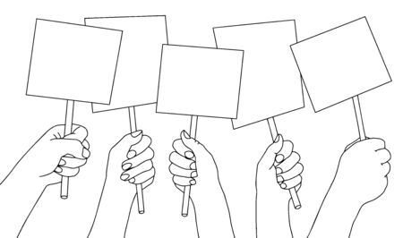 Set hands holding blank placard. Copy space for text. Poster empty, protest announcement board.Modern concept for web banners, web sites, infographics. Outline vector illustrationのイラスト素材