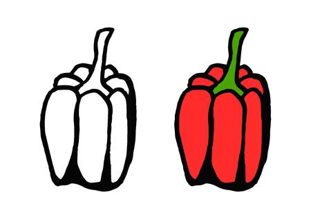 Set sweet red pepper in doodle style isolated on white background. Vector hand drawn outline and silhouette simple illustration. Eco product. Coloring book for kids.のイラスト素材
